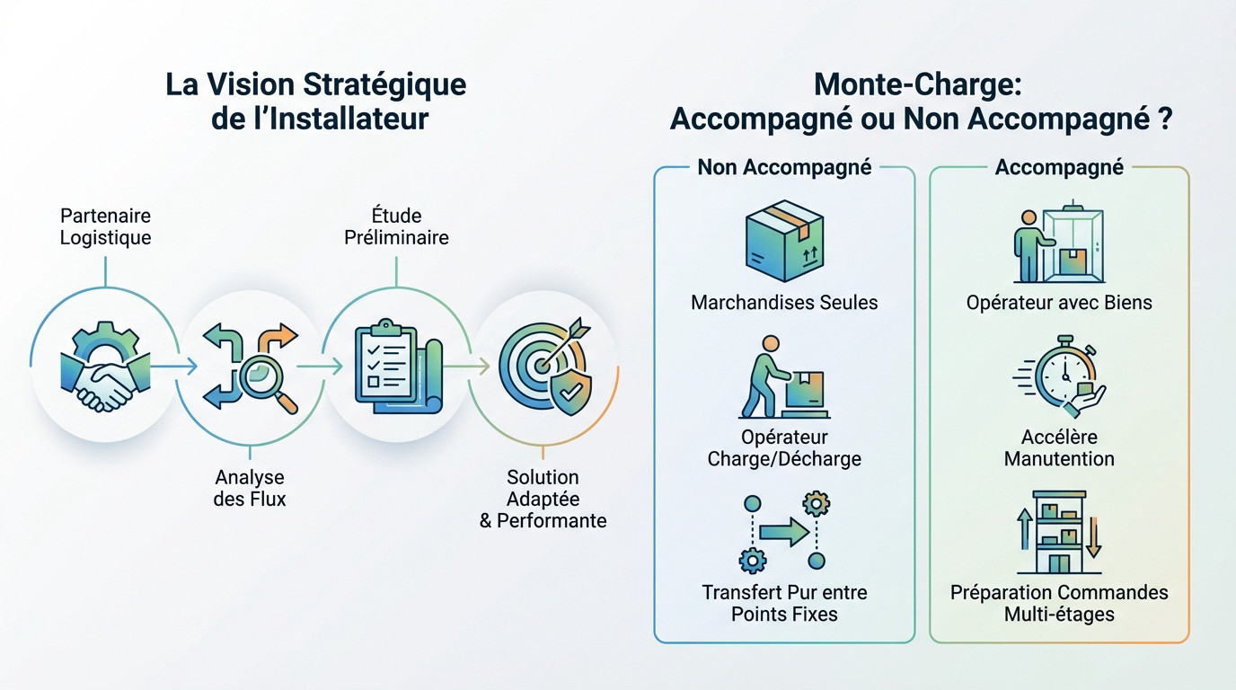 Infographie illustrant la vision stratégique de l'installateur de monte-charge industriel lors de l'analyse des flux