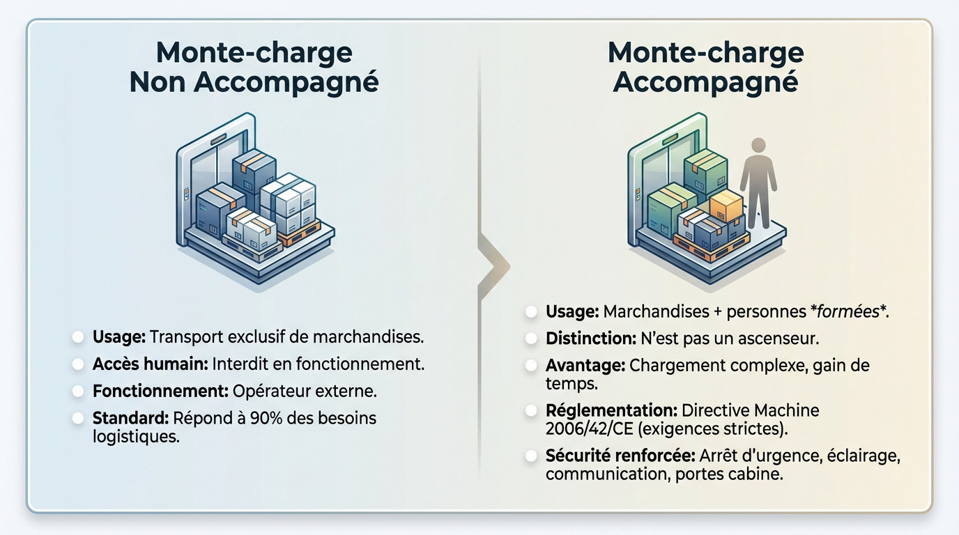Schéma comparatif illustrant la différence d'usage entre un monte-charge accompagné avec opérateur et un modèle non accompagné