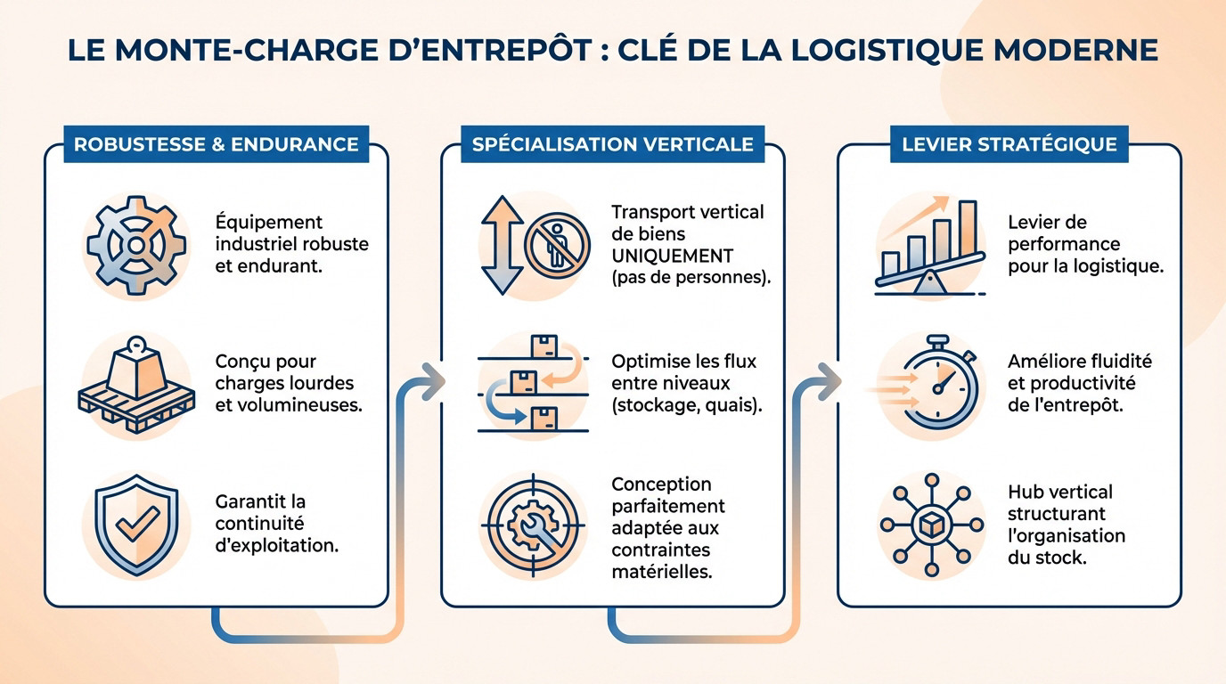Monte-charge industriel robuste facilitant le transfert vertical de palettes en entrepôt logistique