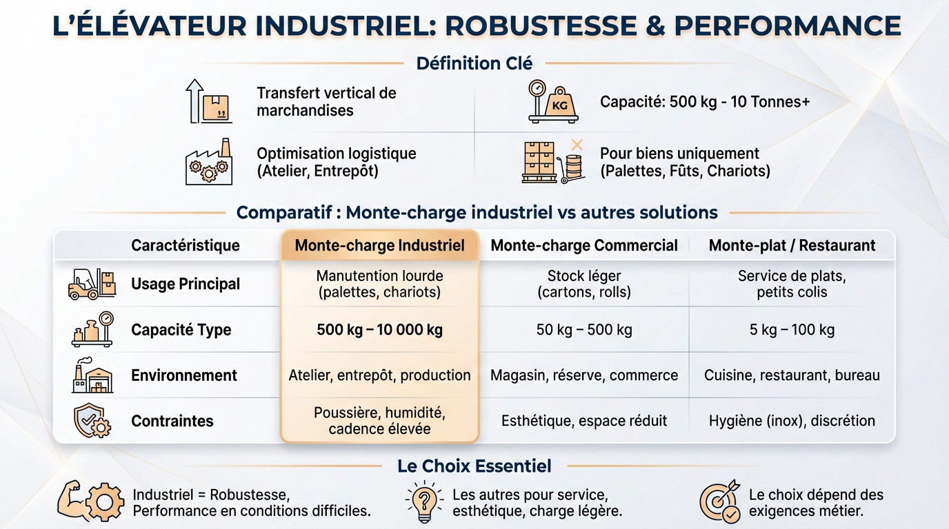 Monte-charge industriel robuste transportant une palette lourde en entrepôt