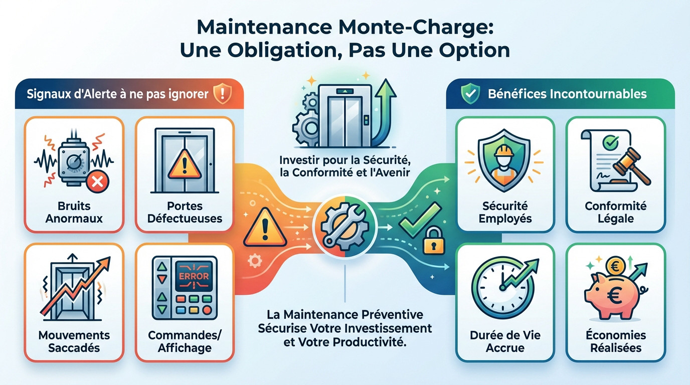 Technicien effectuant la maintenance préventive d'un monte-charge industriel