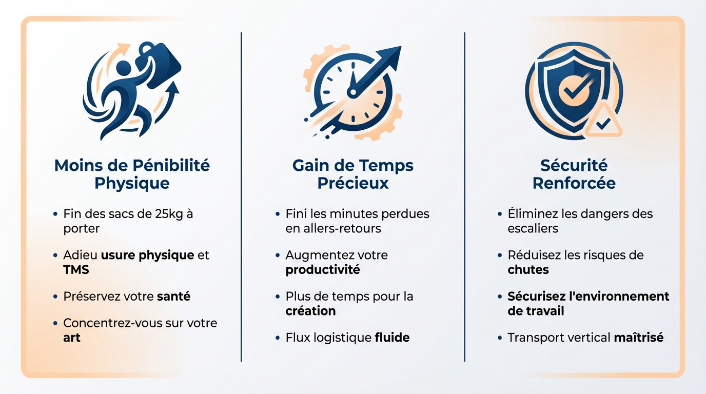 Boulanger utilisant un monte-charge pour transporter des sacs de farine et éviter les TMS