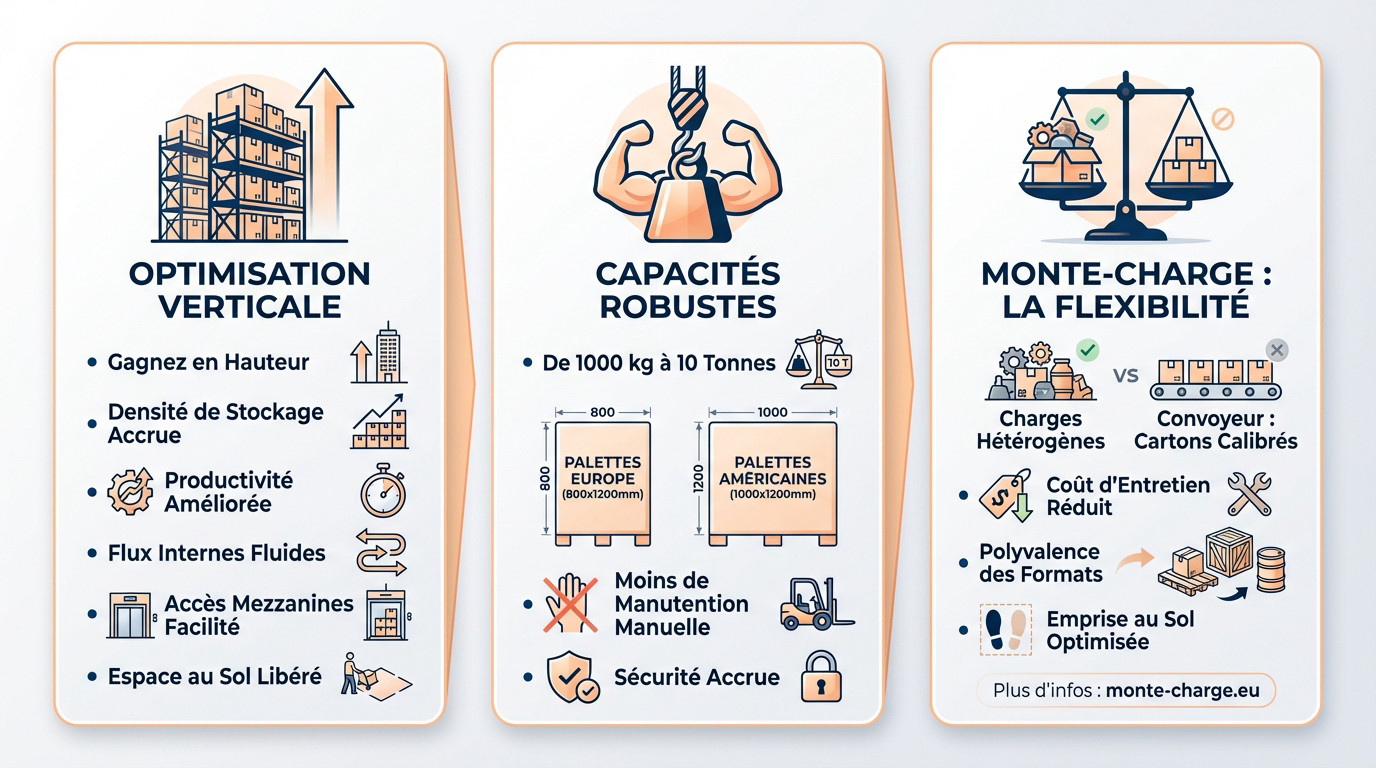Monte-charge industriel optimisant les flux verticaux et la capacité de stockage