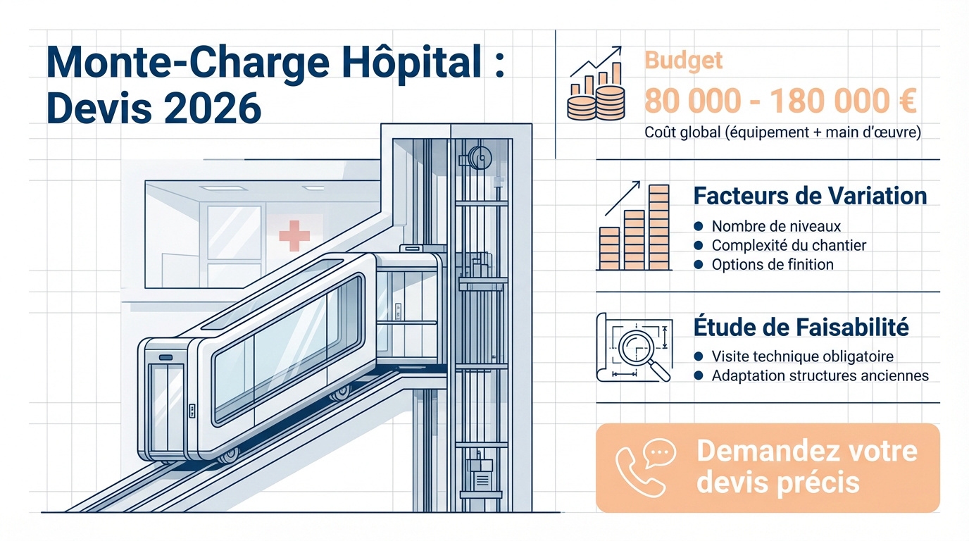 Infographie des tarifs et critères pour un monte-charge hospitalier en 2026