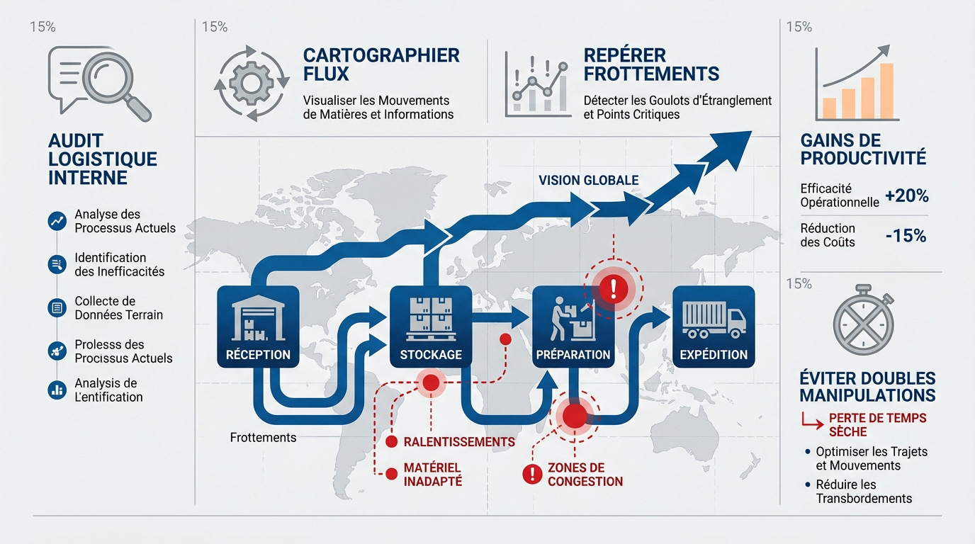 Infographie détaillant les étapes clés de l'optimisation des flux logistiques internes en entrepôt