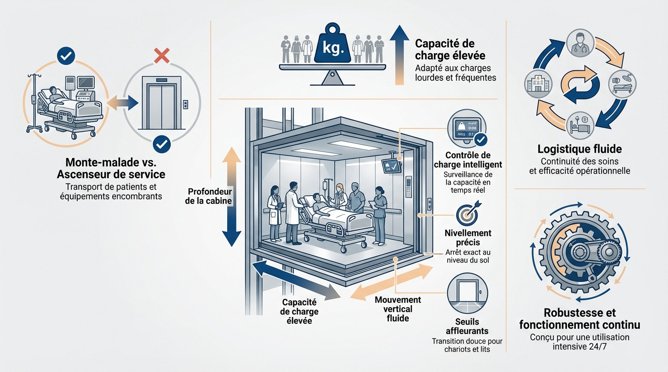 Monte-charge hospitalier transportant un lit médicalisé avec précision
