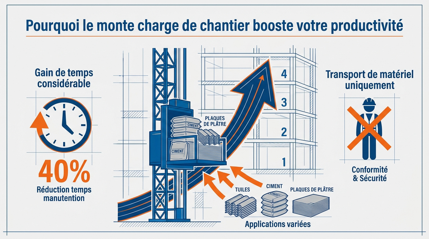 Infographie montrant l'impact d'un monte-charge de chantier sur la productivité et la sécurité