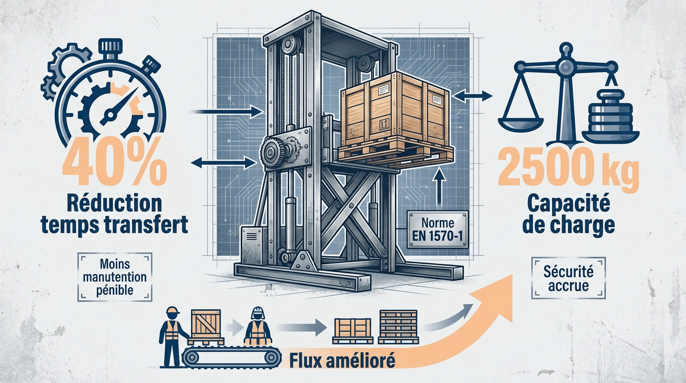 Infographie présentant les bénéfices d'un monte-charge industriel pour l'optimisation d'entrepôt