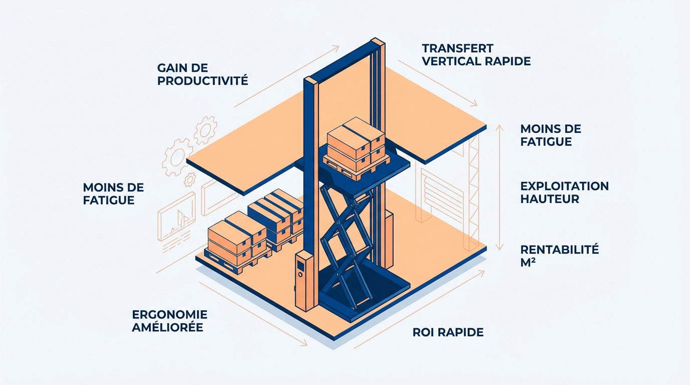 Installation d'un monte-charge industriel dans un entrepôt logistique pour optimiser les flux verticaux